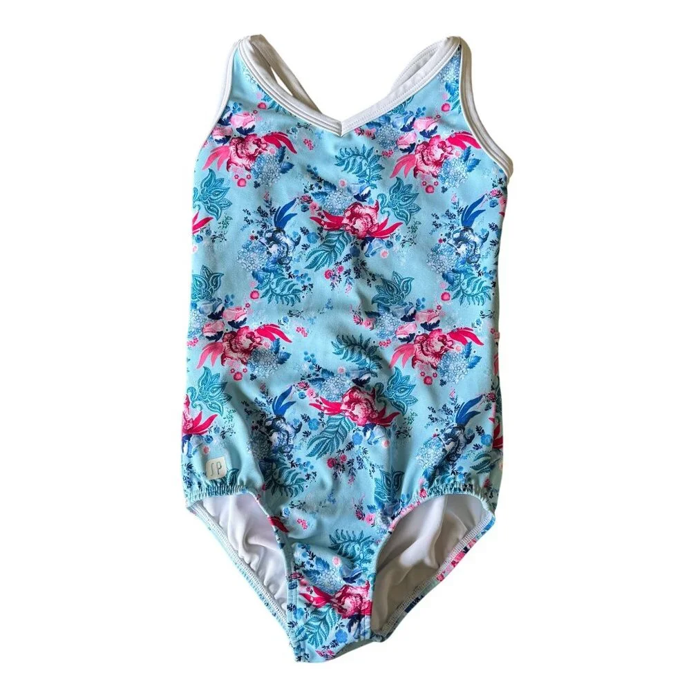 SYLVIA P Floral Leotard Girls 6 Blue Pink Lucette Gymnastics Leo Mesh Cross Back - Picture 1 of 3